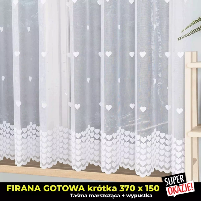 Firana Gotowa 370x150 - Firana krótka do parapetu żakardowa SERDUSZKA